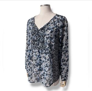 J. JILL Chiffon Blue White Floral Semi-Sheer Floral Tunic Top